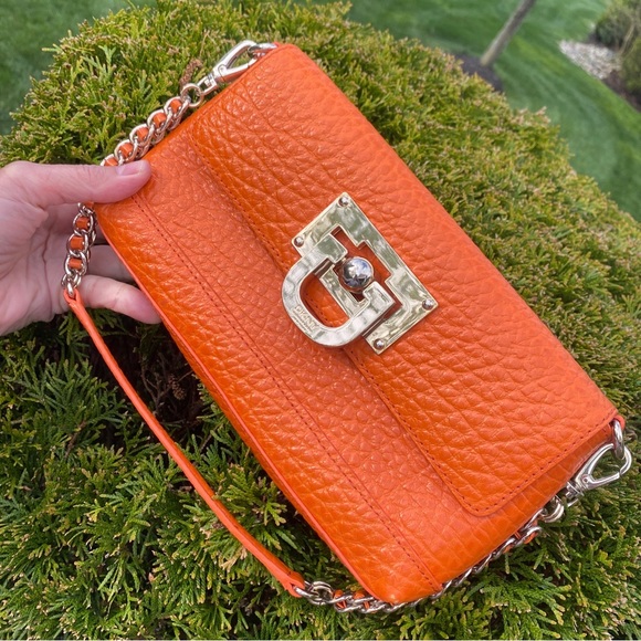 DKNY Y2K Vintage Orange Full Grain Leather Structured Shoulder Bag or Clutch EUC - Picture 1 of 16